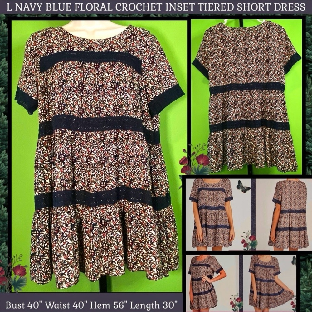 GUC L NAVY BLUE/FLORAL CROCHET INSET TIERED SHORT DRESS/BABYDOLL TUNIC~CARAPACE